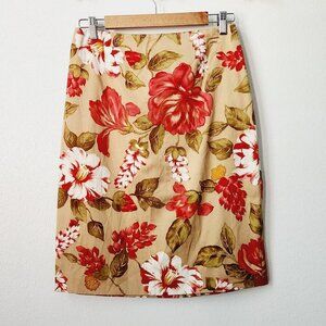 Vtg Talbots silk blend tan tropical floral knee‎ length skirt 8